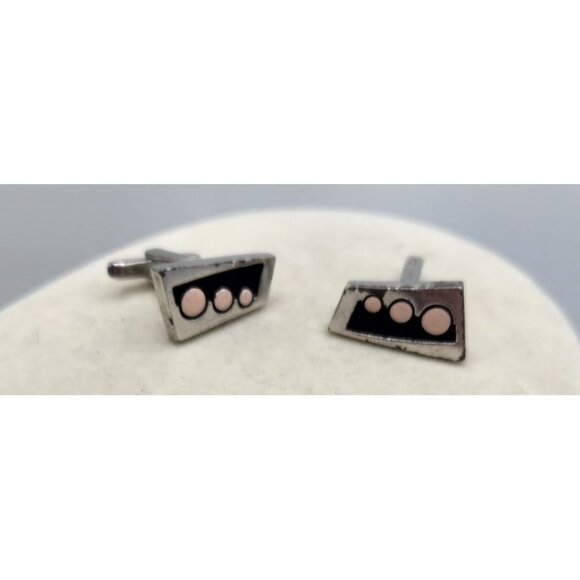 Vintage Retro Metal Cuff Links Black With Pink Polka Dots - Silver Tone - Picture 2 of 3